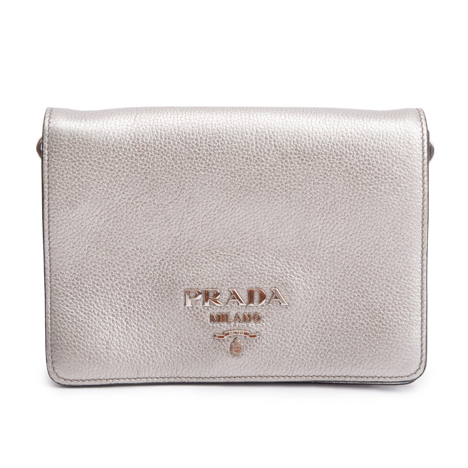 Prada Metallic Vitello Daino Metal Crossbody Bag Silver Logo