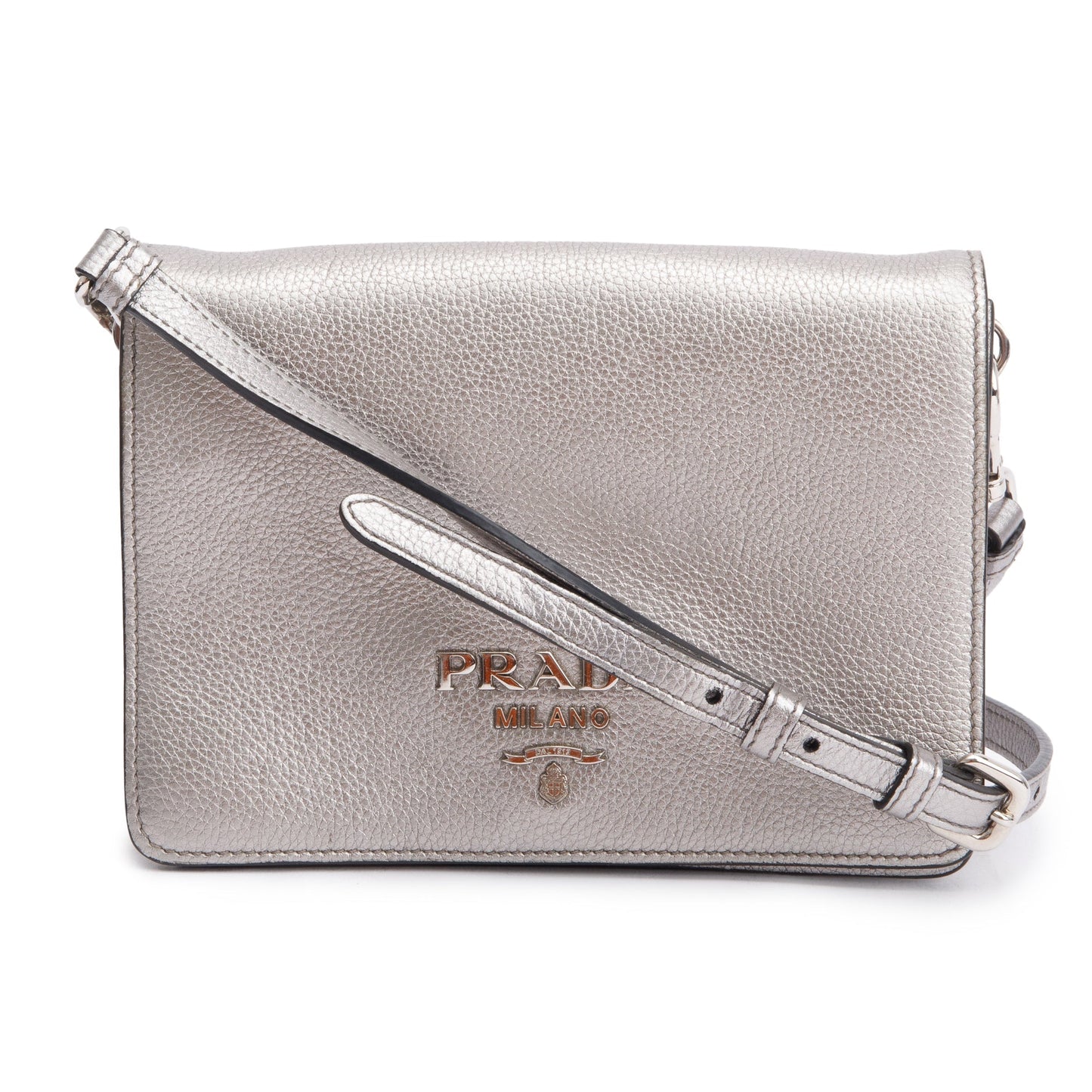 Prada Metallic Vitello Daino Metal Crossbody Bag Silver Logo