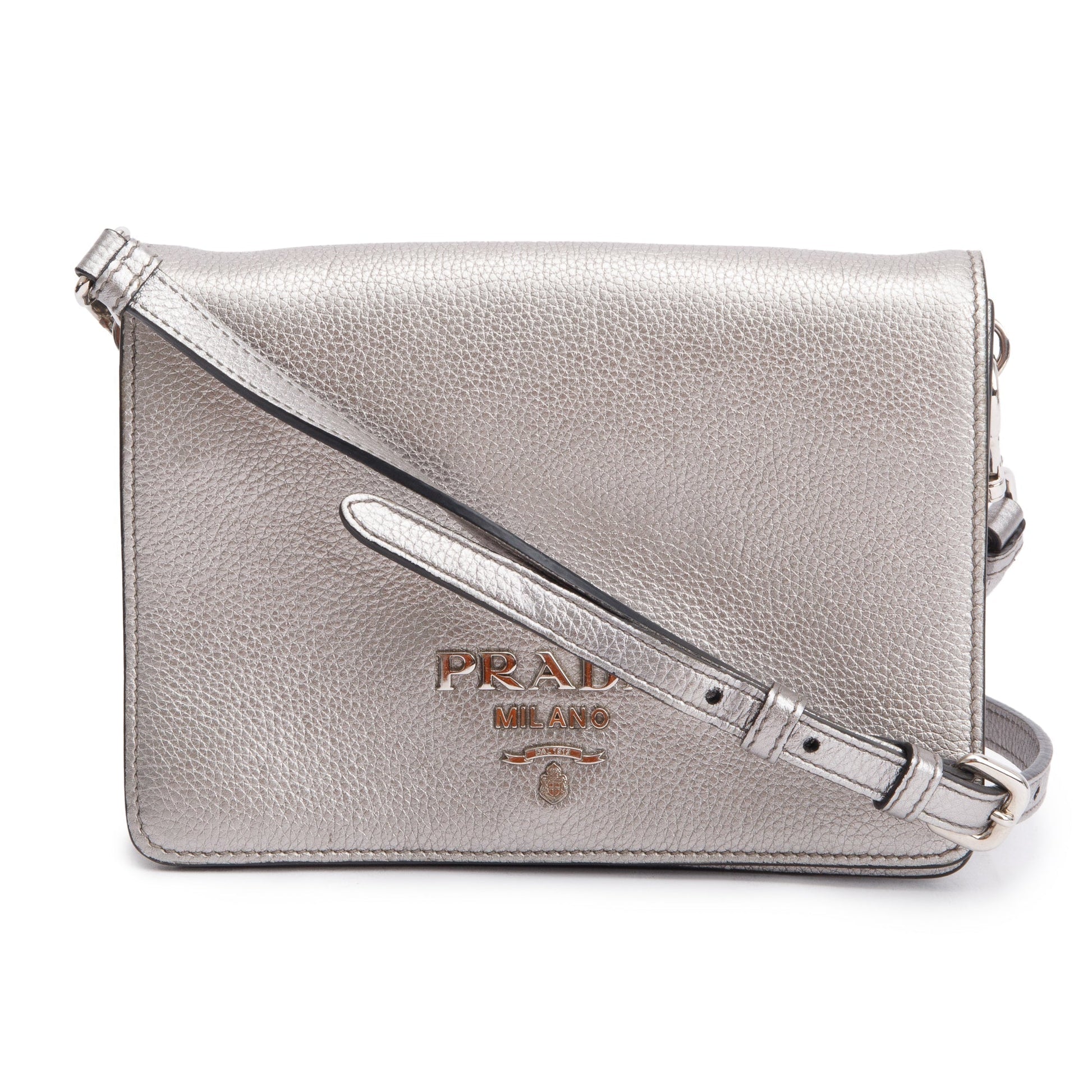 Prada Metallic Vitello Daino Metal Crossbody Bag Silver Logo