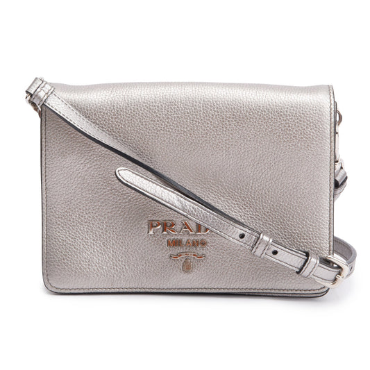 Prada Metallic Vitello Daino Metal Crossbody Bag Silver Logo