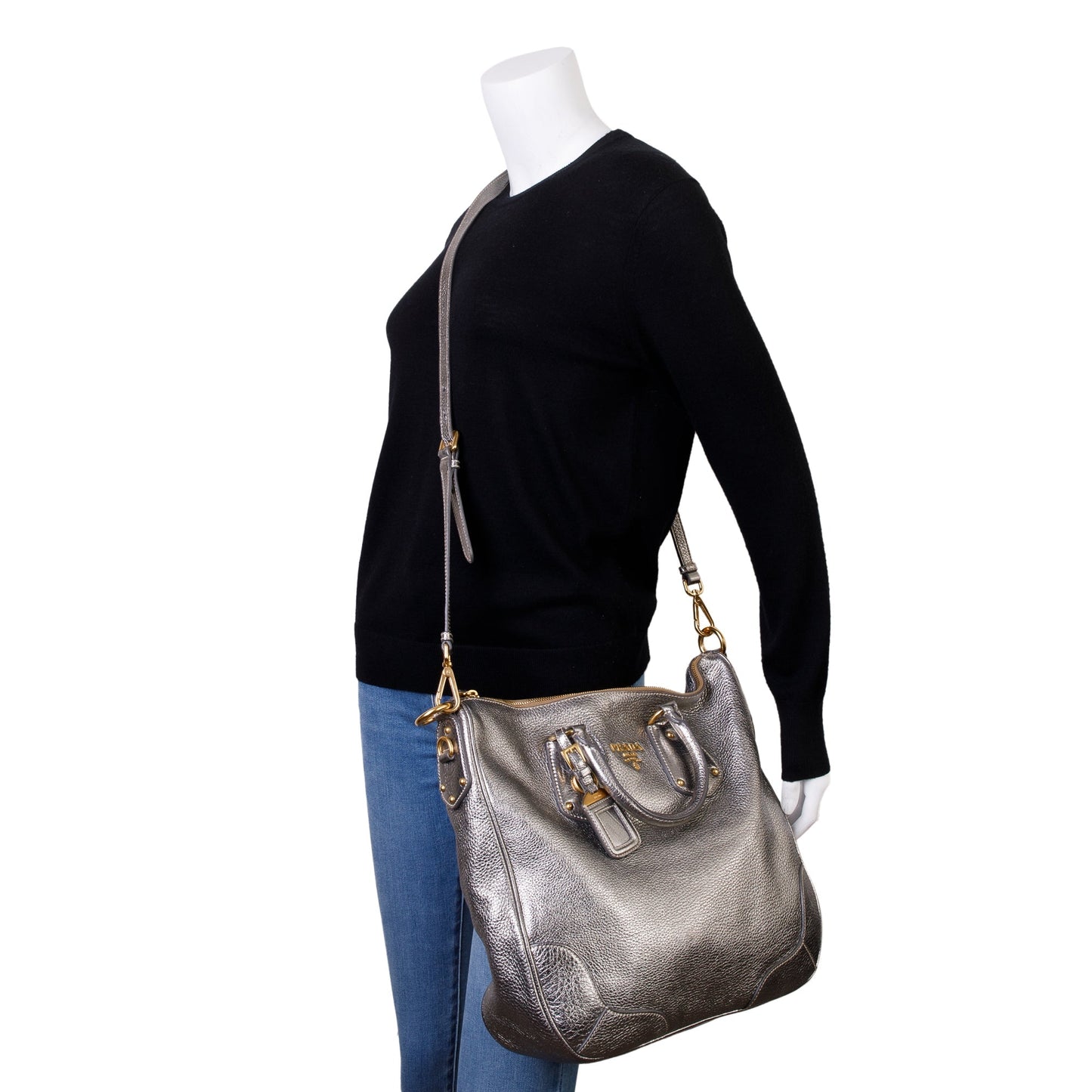 Prada Vitello Daino Tote Handbag Leather Silver Tote Bag