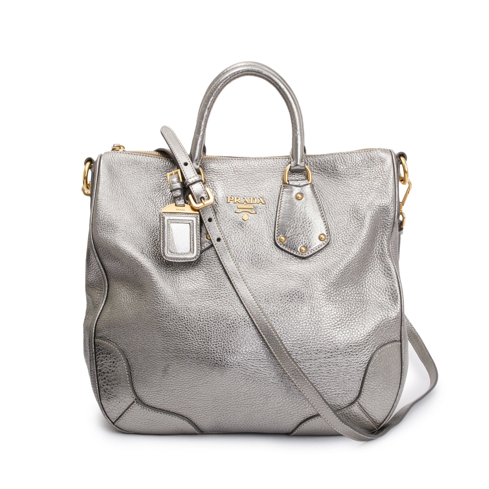 Prada Vitello Daino Tote Handbag Leather Silver Tote Bag