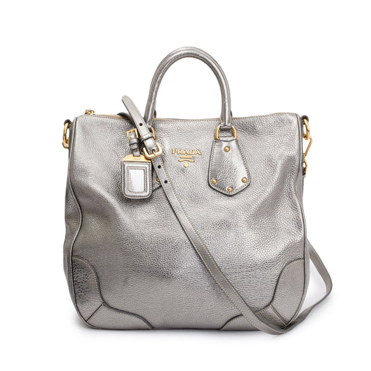 Prada Vitello Daino Tote Handbag Leather Silver Tote Bag