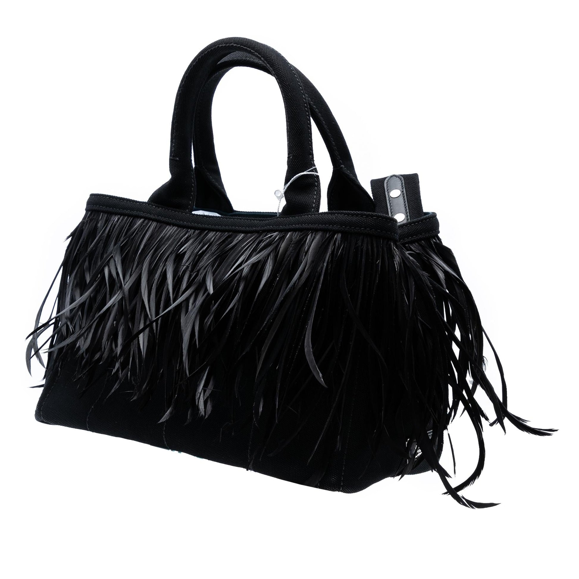 Prada Feather Trimmed Canapa Satchel Canvas Small Satchel Bag