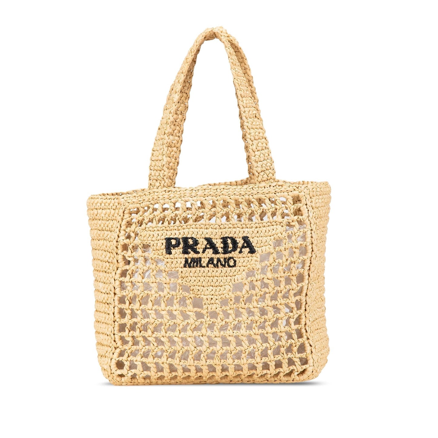 Prada Effect Crochet Tote Raffia Small Logo Tote Bag