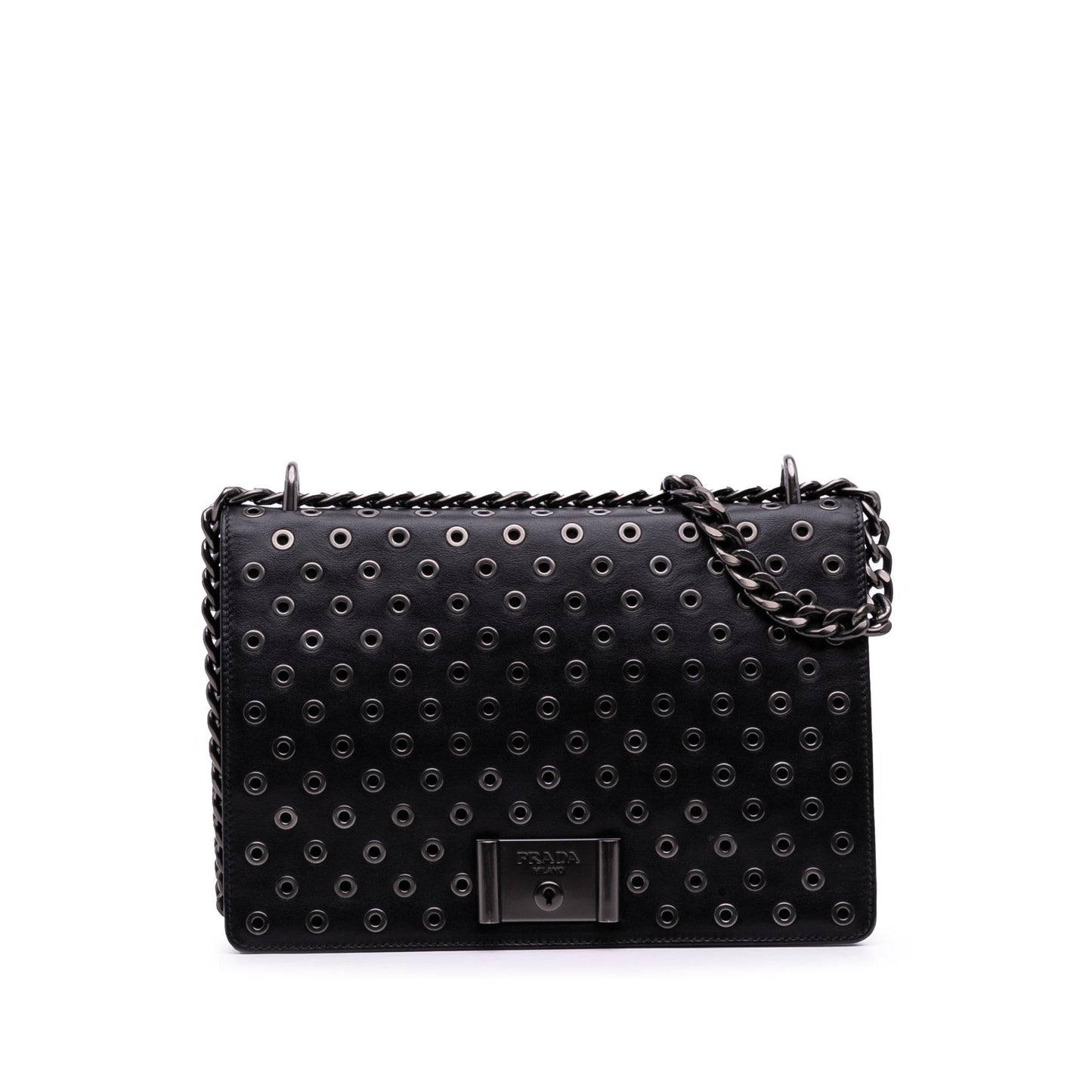 Prada Soft Calf Grommet Lock Crossbody Chain Flap Crossbody Bag