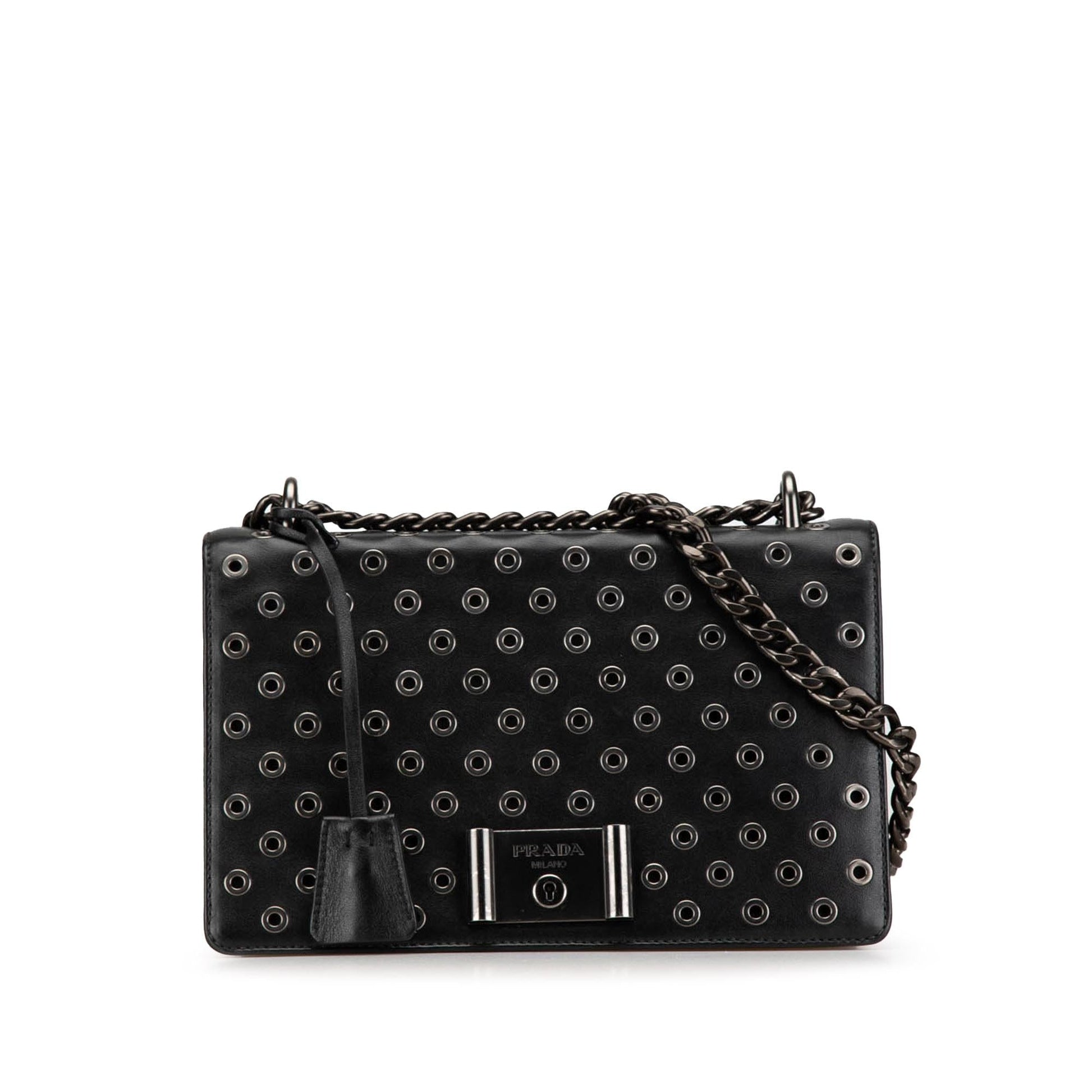 Prada Soft Calf Grommet Lock Shoulder Bag Chain Flap
