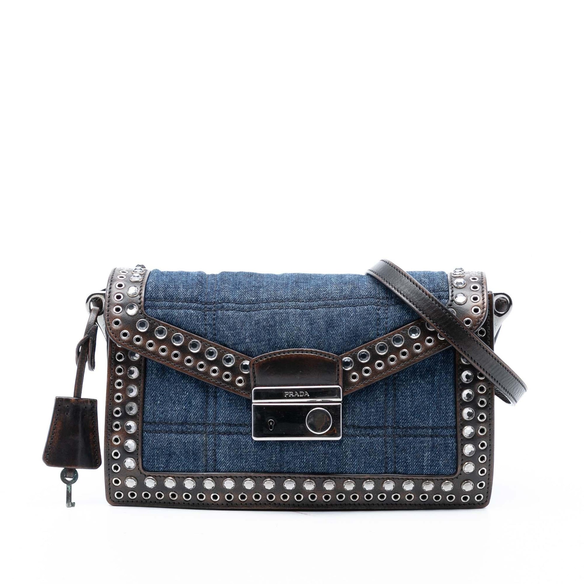 Prada Studded Sound Lock Crossbody Denim Crossbody Bag