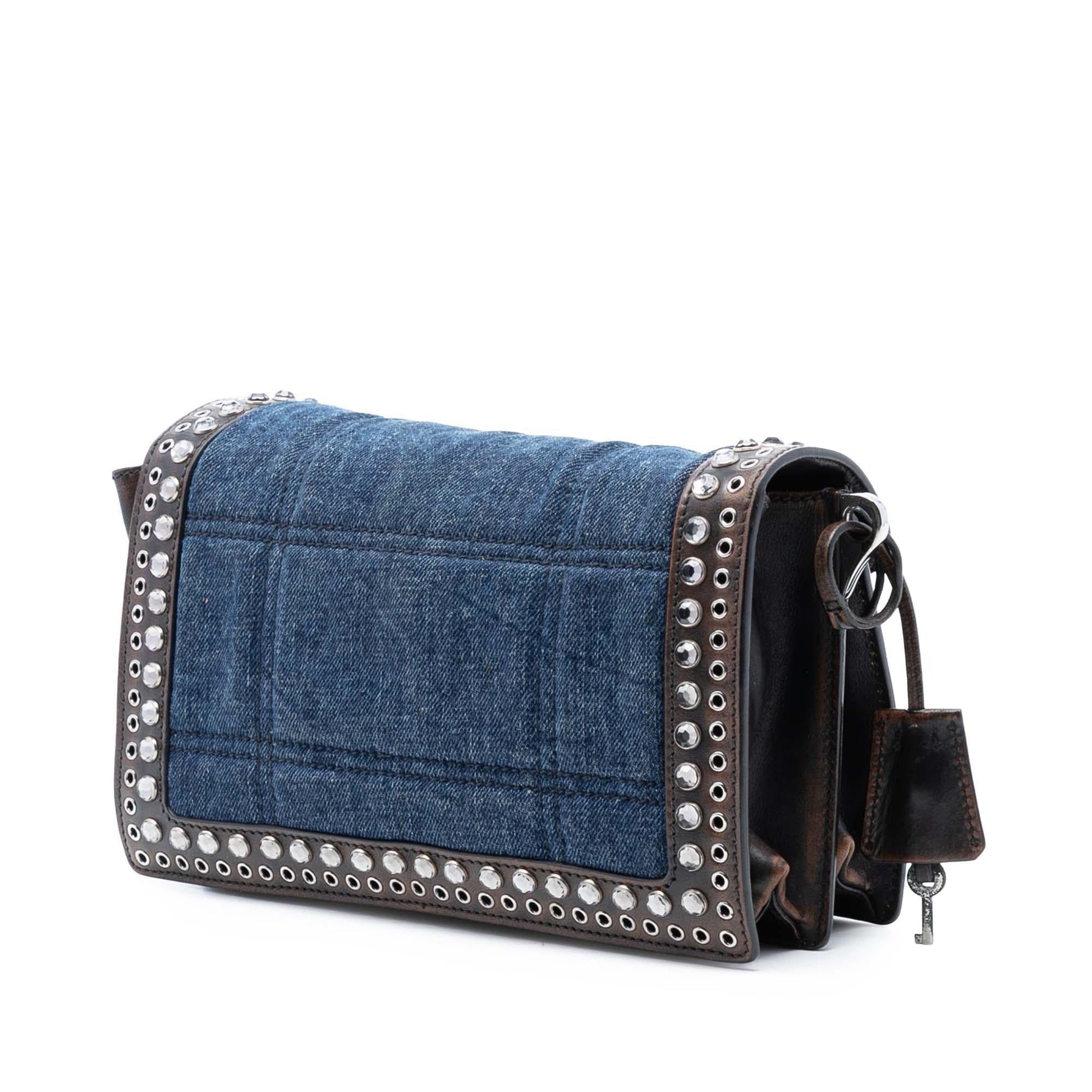 Prada Studded Sound Lock Crossbody Denim Crossbody Bag