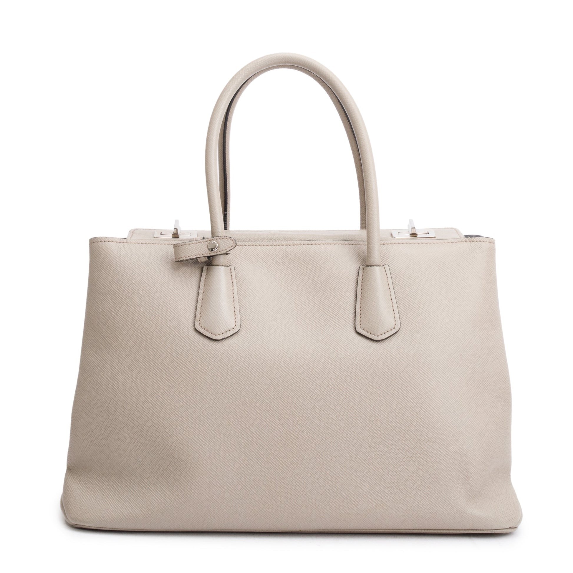 Prada Taupe Saffiano Cuir Turnlock Twin Tote Handbag Medium Tote Bag
