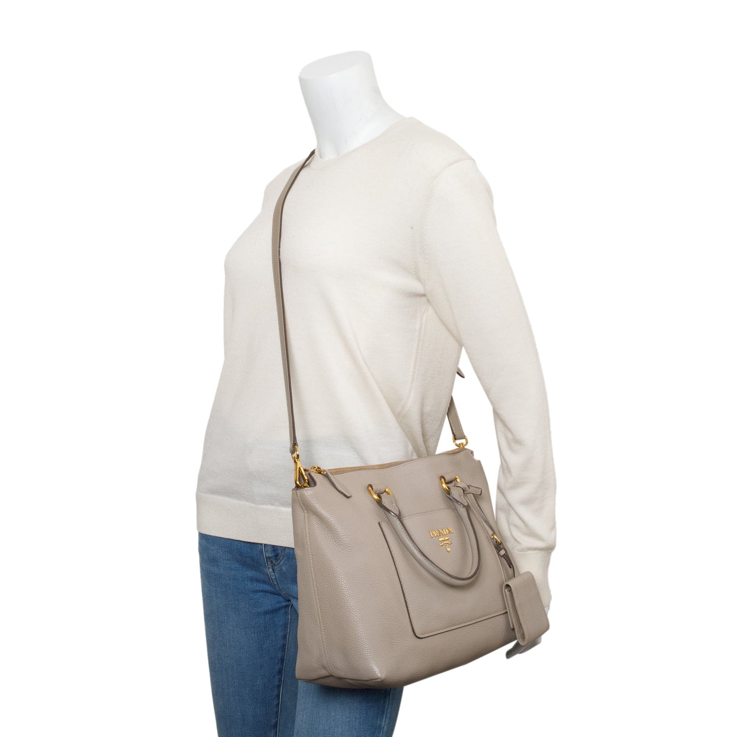 Prada Taupe Vitello Daino Pocket Zip Tote Handbag Leather Tote Bag
