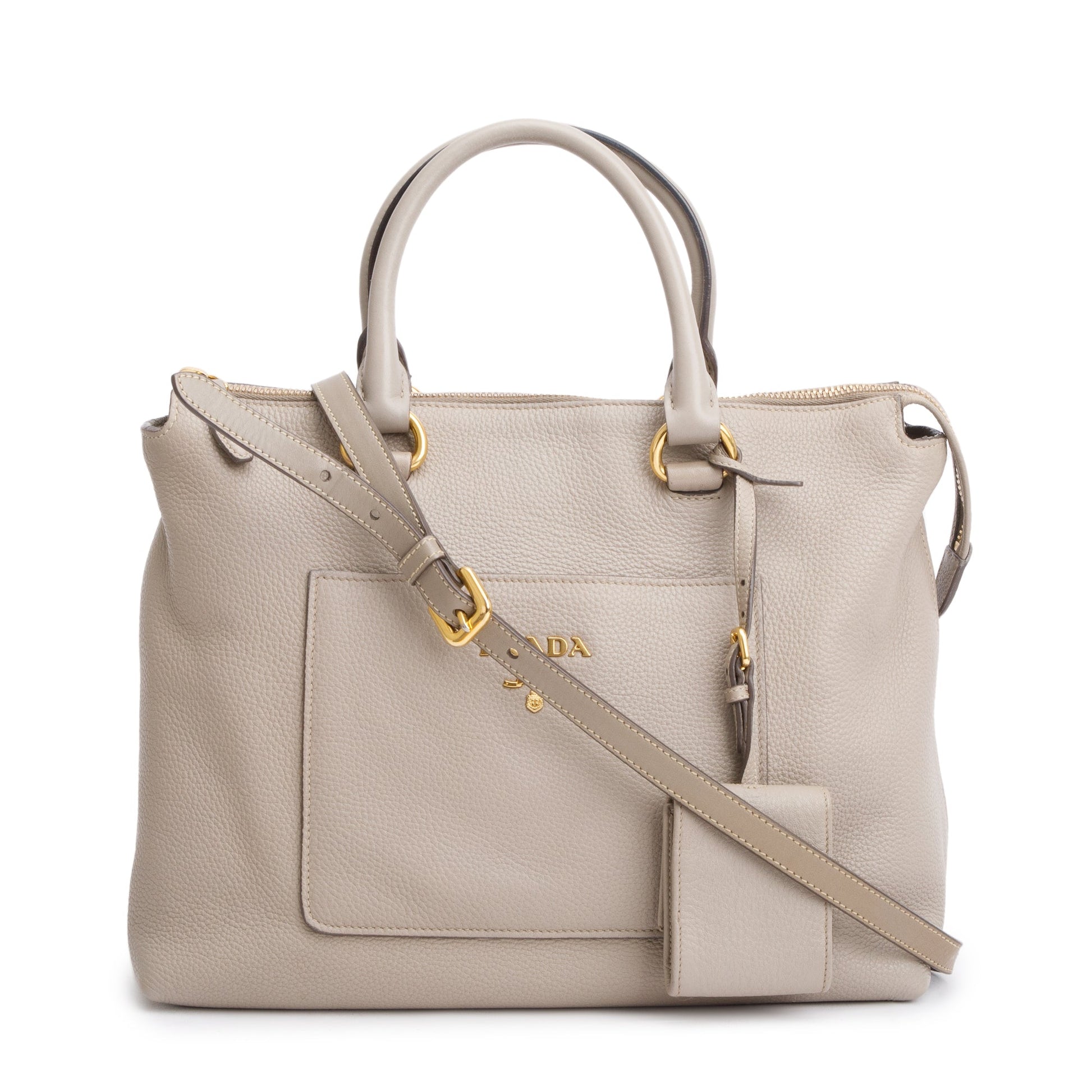 Prada Taupe Vitello Daino Pocket Zip Tote Handbag Leather Tote Bag