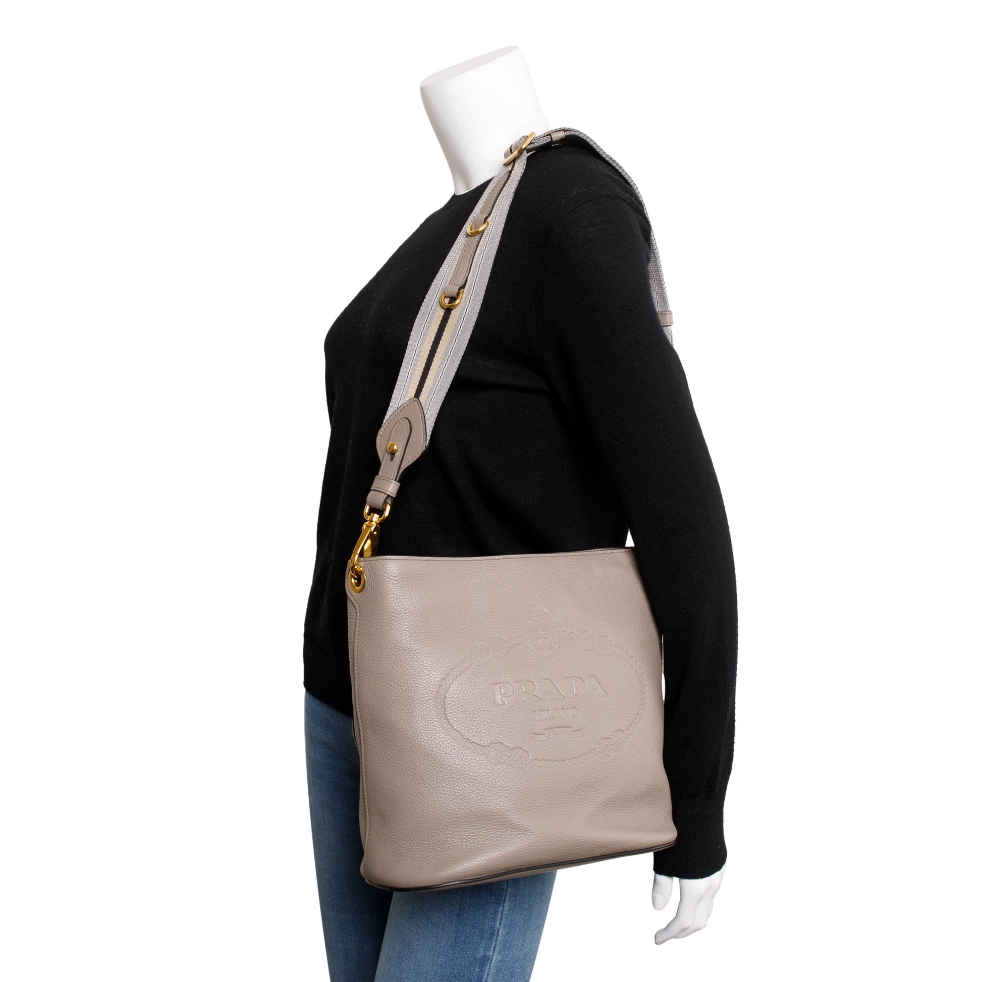 Prada Taupe Vitello Phenix Crossbody Bag Logo Bucket