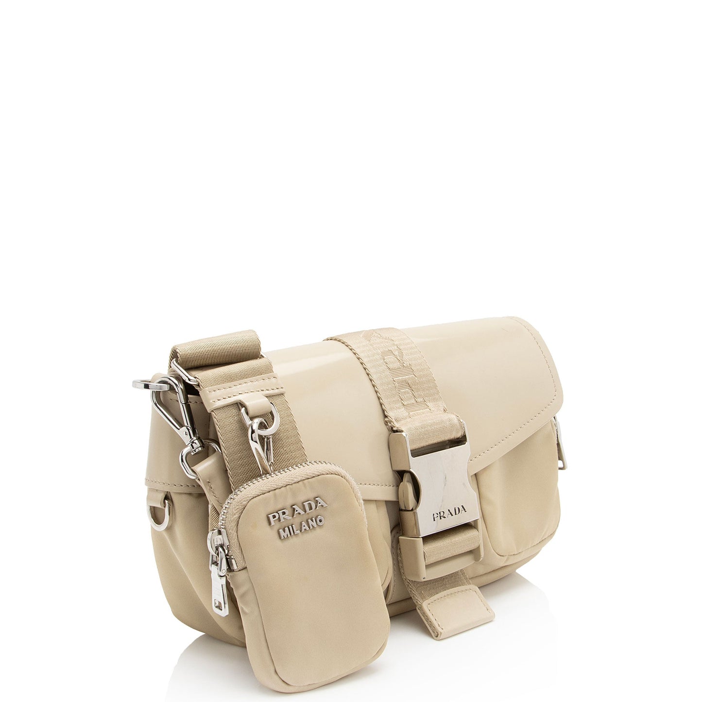 Prada Re Double Pocket Crossbody Shf Na1Ani Leather Patent Nylon Crossbody Bag