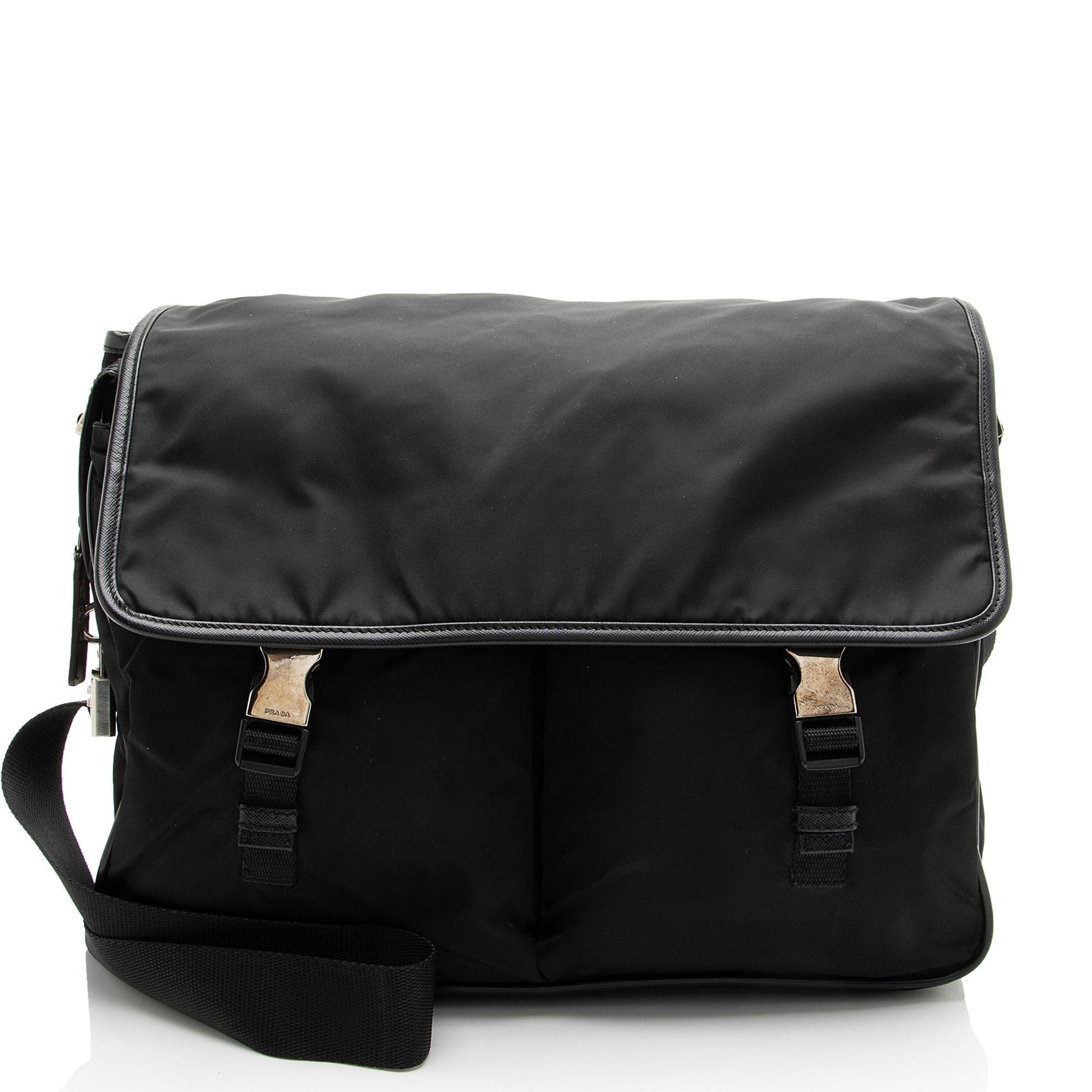 Prada Tessuto Double Buckle Messenger Leather Saffiano Shoulder Bag