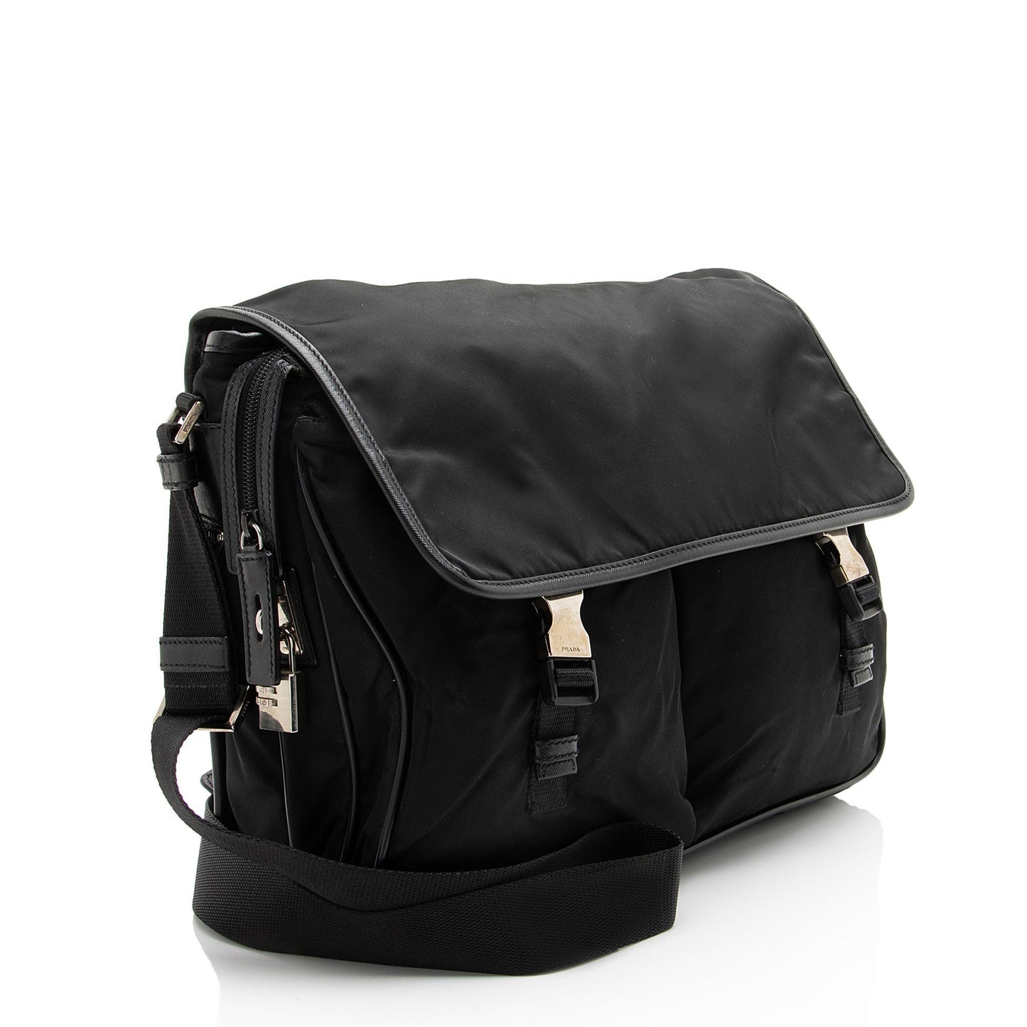 Prada Tessuto Double Buckle Messenger Leather Saffiano Shoulder Bag