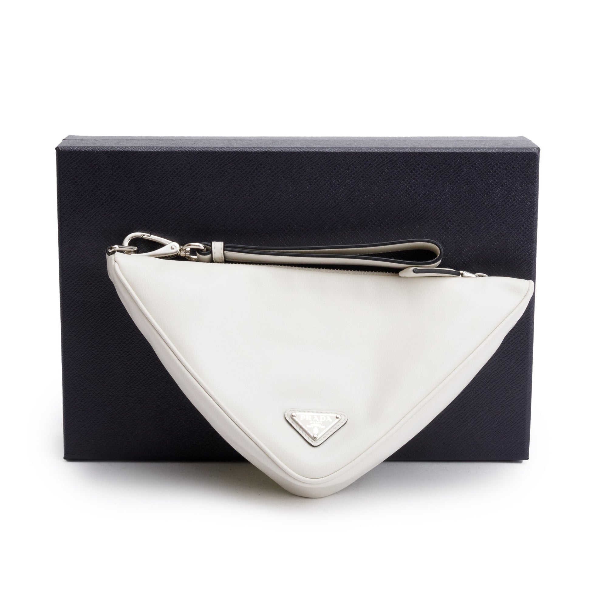 Prada Grace Lux Triangle Wristlet Clutch Handbag Leather White Clutch Bag