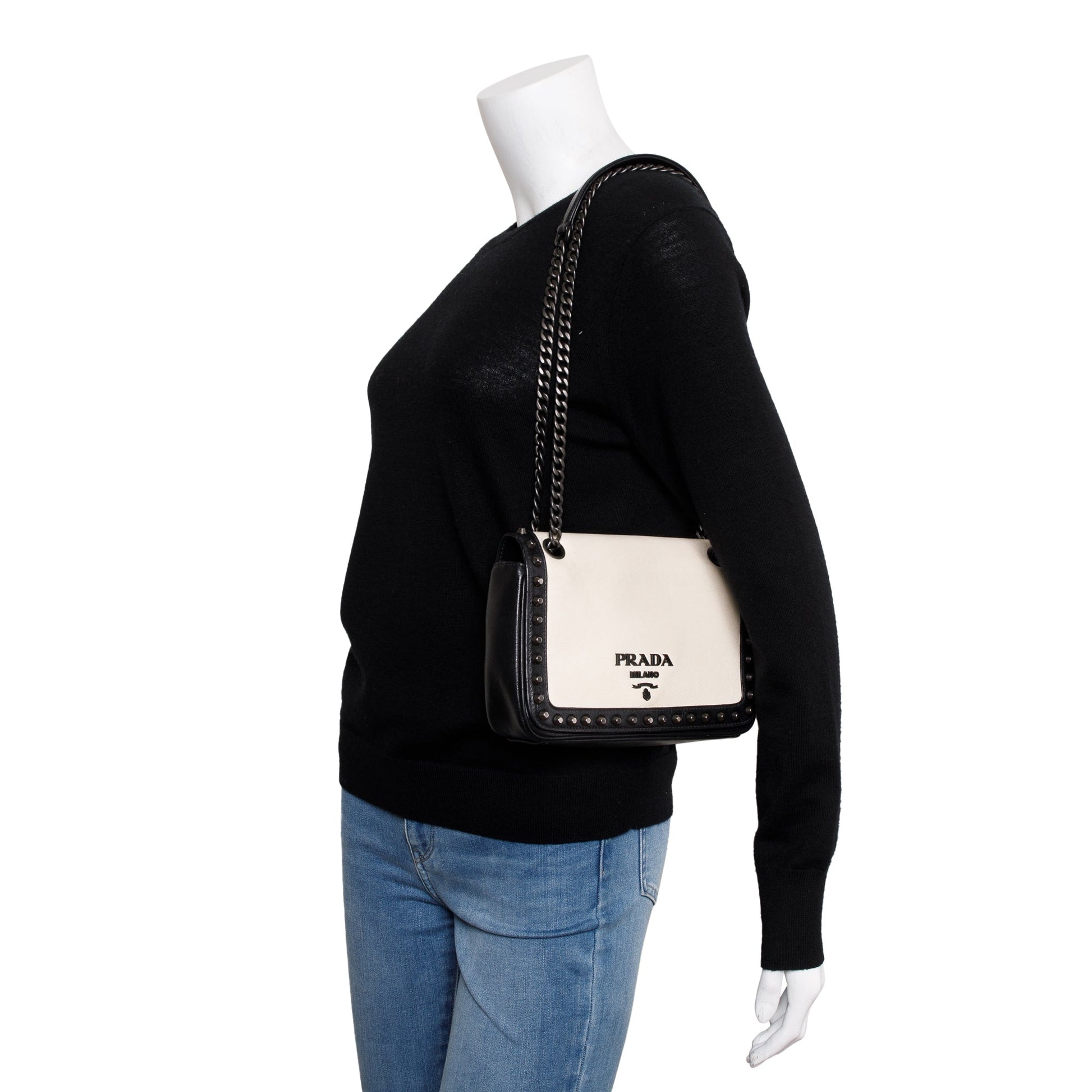 Prada Glace Studded Crossbody Bag Leather White