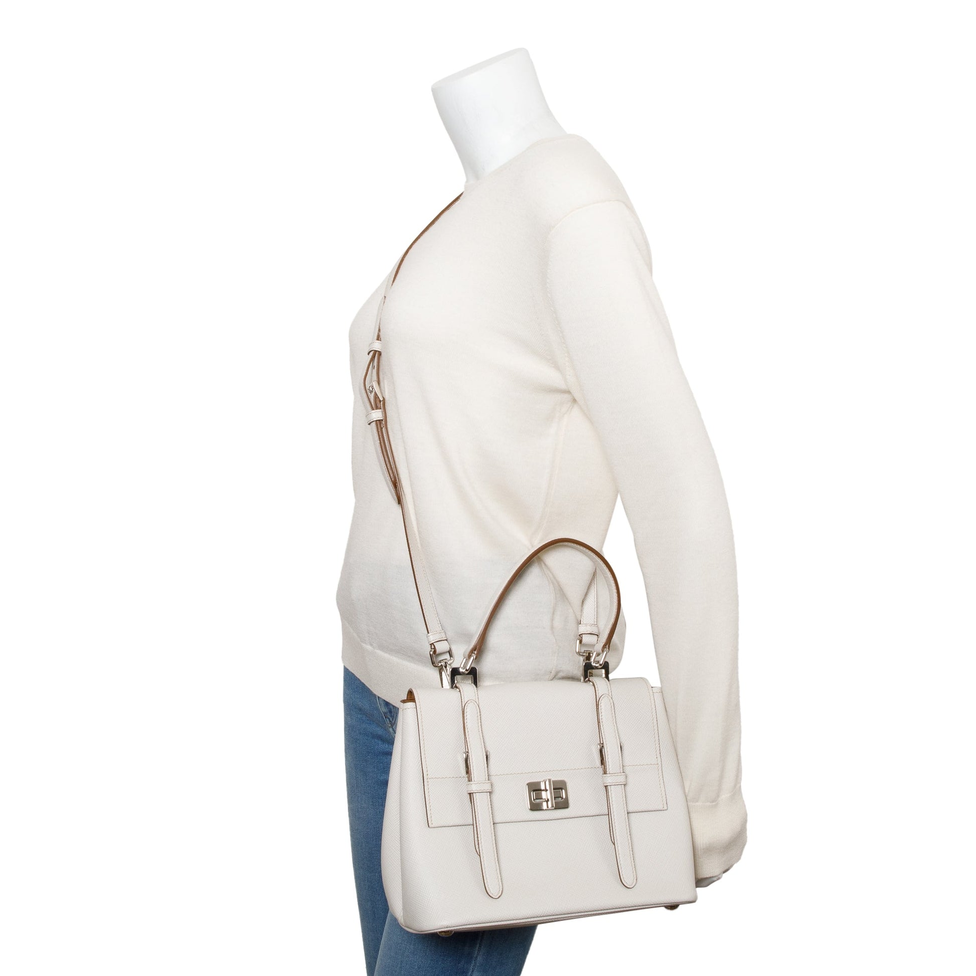 Prada Saffiano Cuir Top Handle Bag White Travel Bag