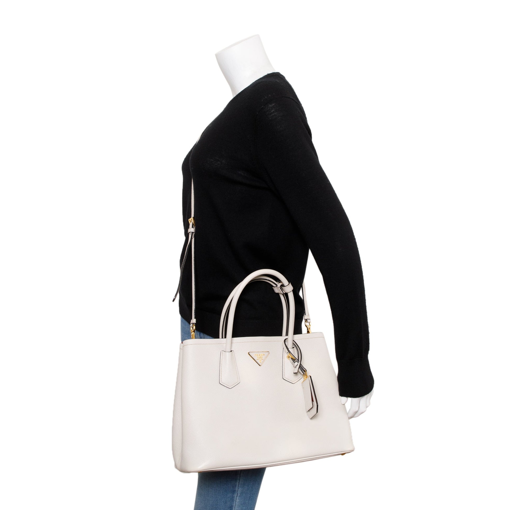 Prada Saffiano Lux Cuir Double Tote Handbag White Medium Tote Bag