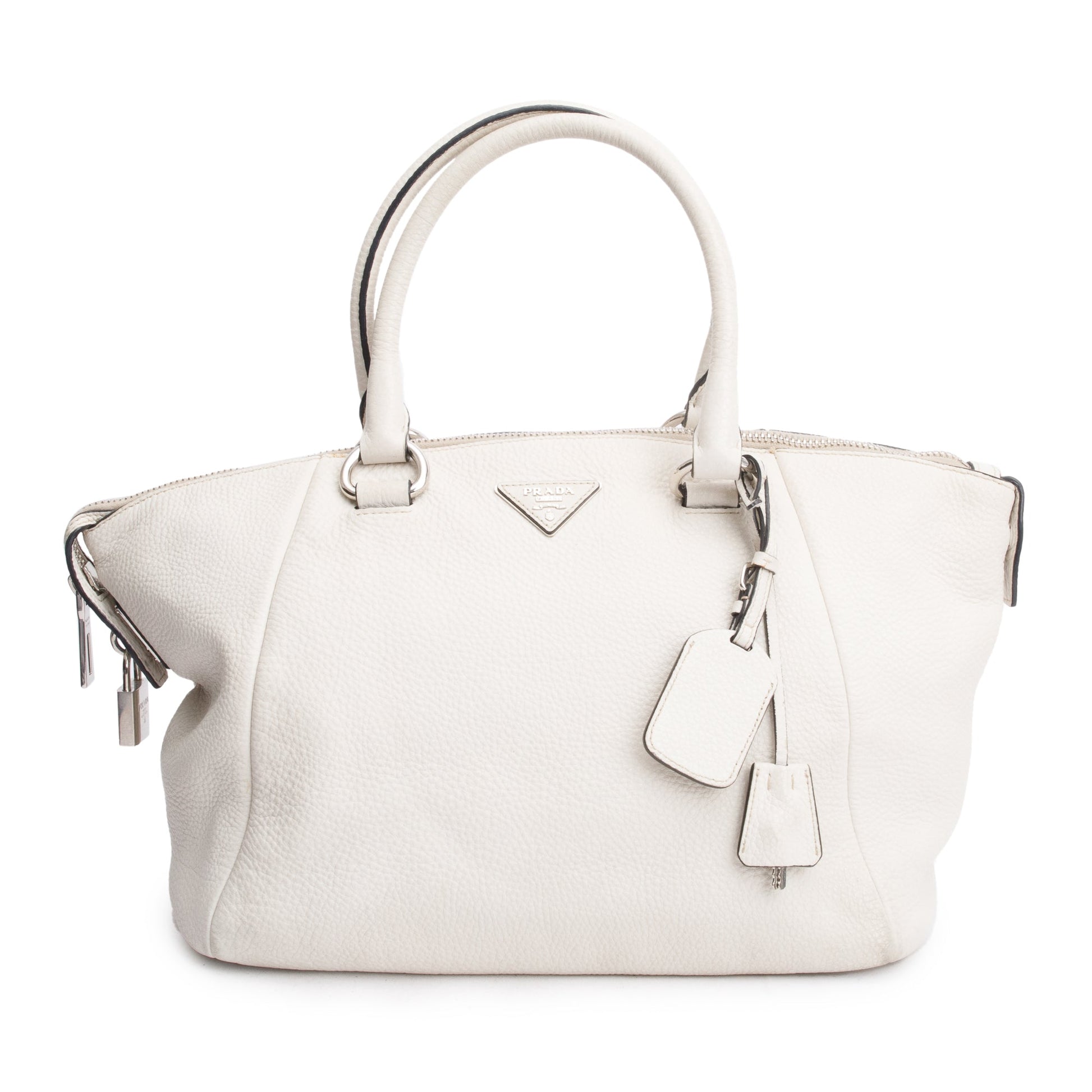 Prada Vitello Daino Zip Tote Handbag Leather White Tote Bag