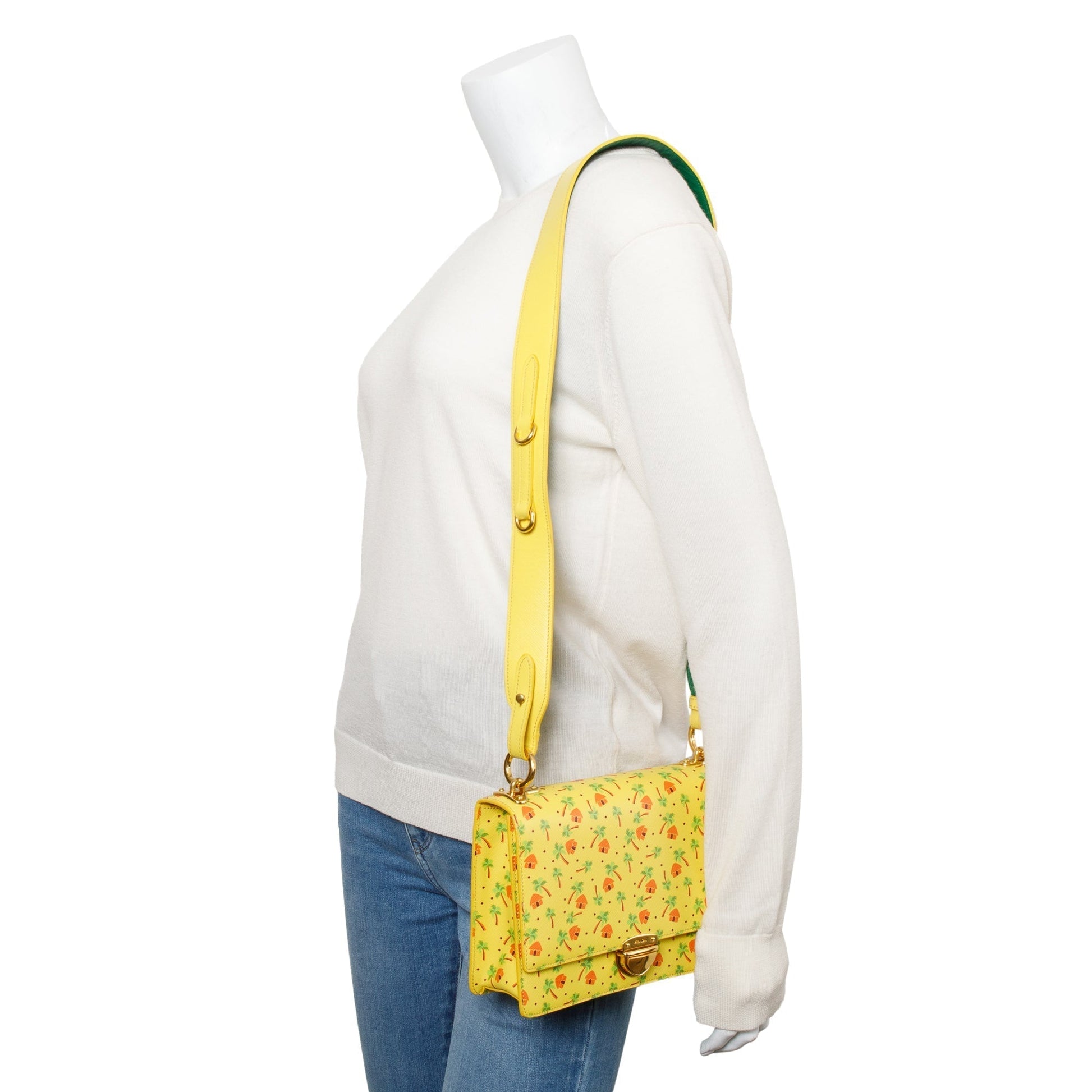 Prada Yellow Saffiano Stampata Palm Tree Print Crossbody Crossbody Bag