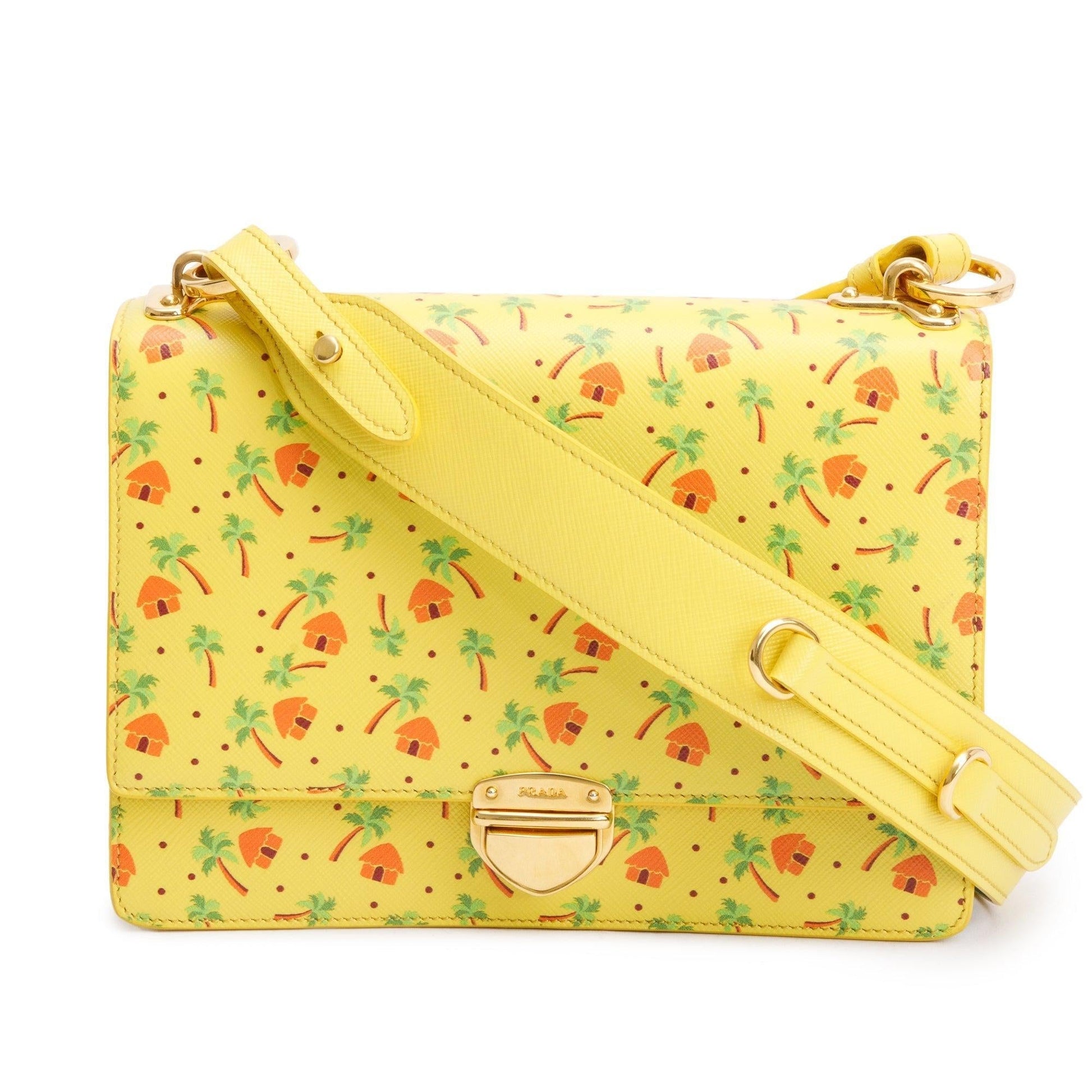 Prada Yellow Saffiano Stampata Palm Tree Print Crossbody Crossbody Bag
