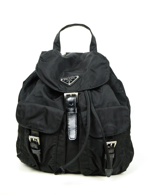 Prada Handbag Backpack Bag w Front Buckle Pockets Nylon Black Small