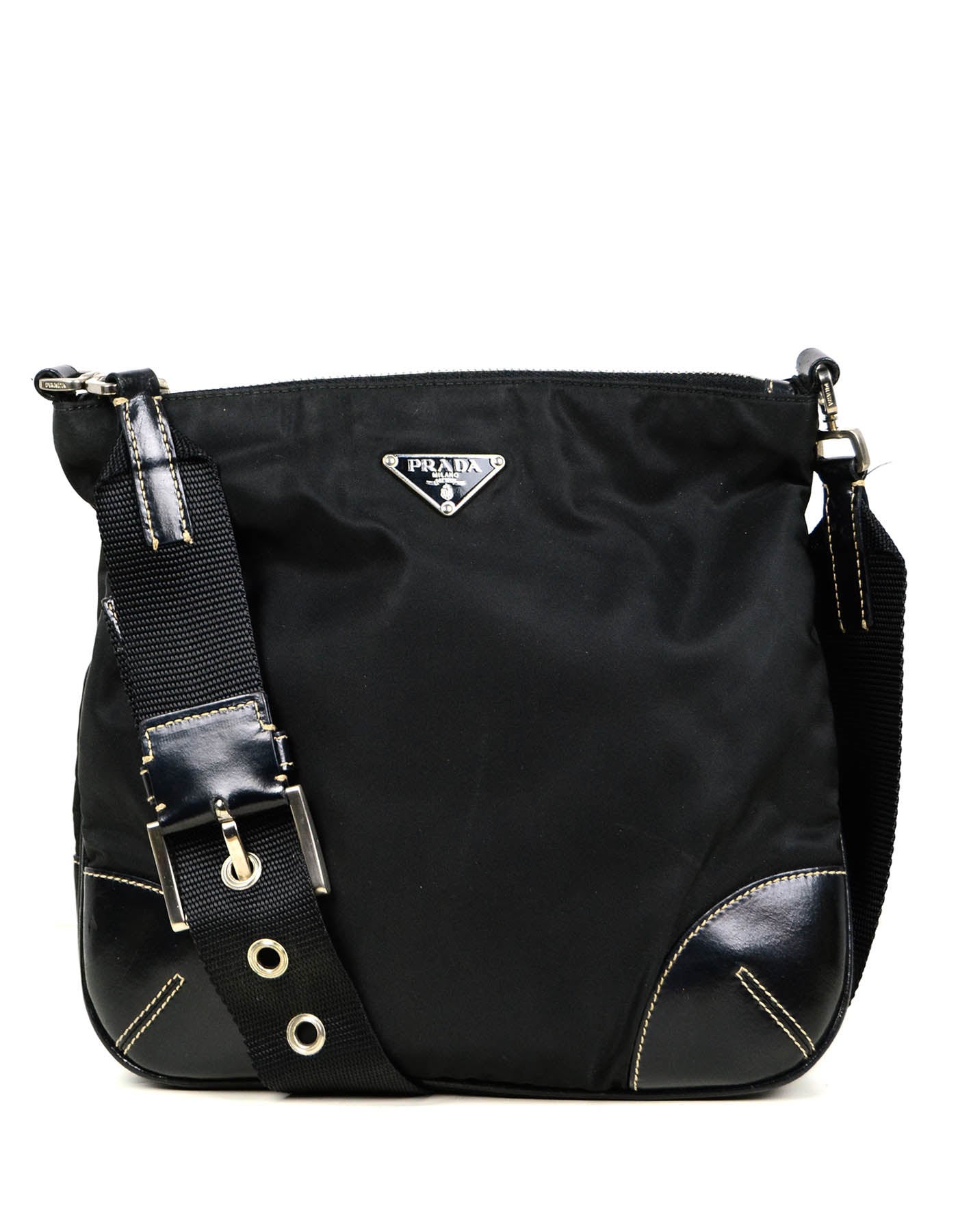 Prada Handbag Flat Tessuto Crossbody Bag w Trim 2 Leather Nylon Black Shoes