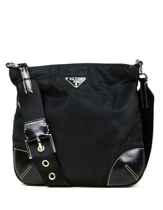 Prada Handbag Flat Tessuto Crossbody Bag w Trim 2 Leather Nylon Black Shoes