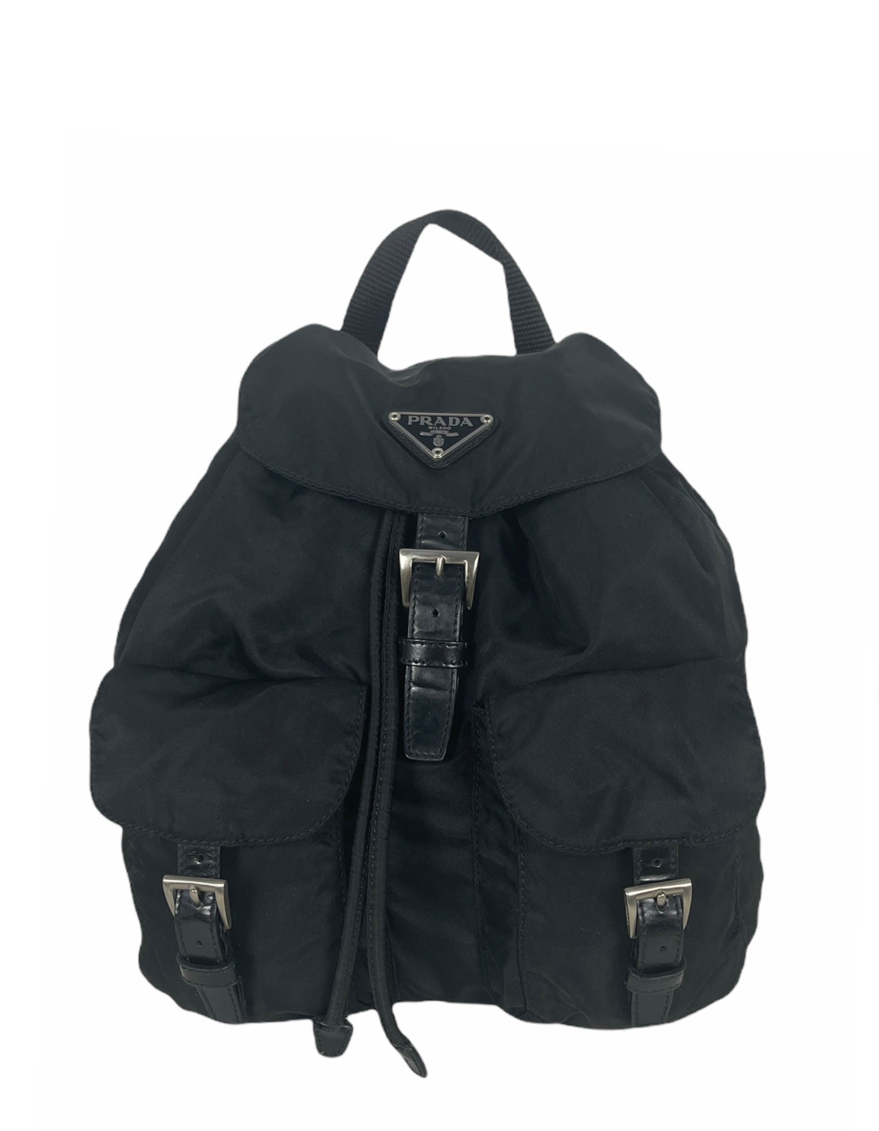 Prada Handbag Backpack Bag w Front Buckle Pockets 2 Nylon Black Small