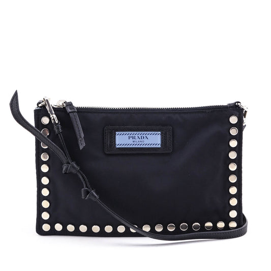 Prada Handbag Studded Etiquette Shoulder Bag Nylon Black Zip Clutch Bag