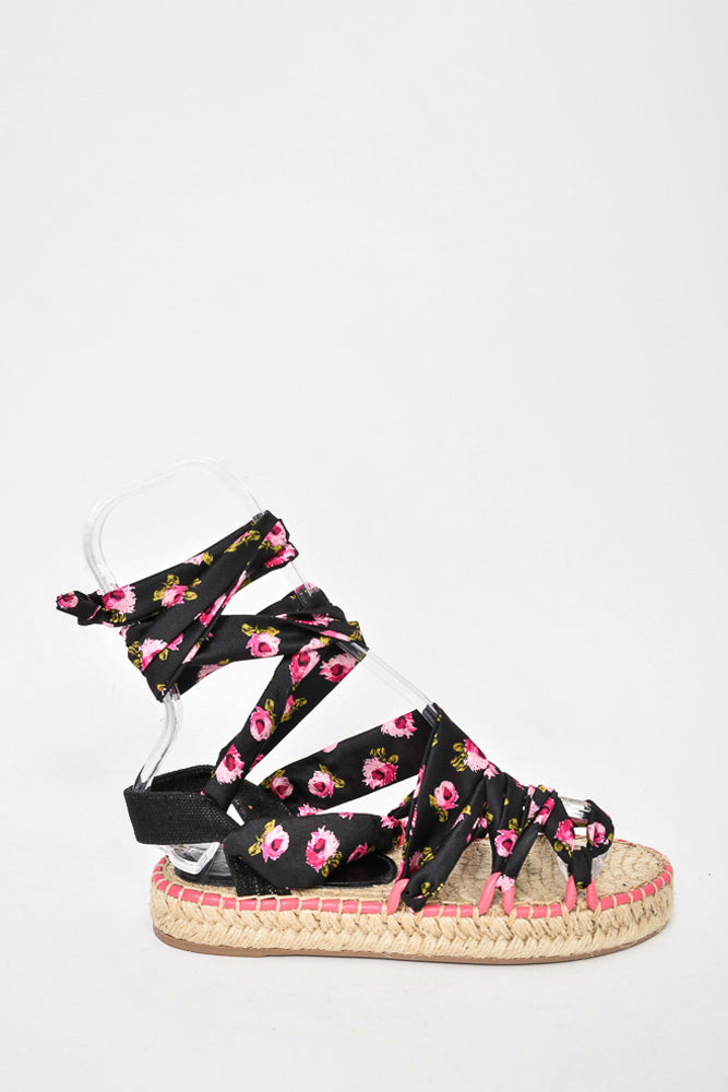 Prada Shoe Floral Tie Up Espadrille Sandals Satin Black Pink Shoes