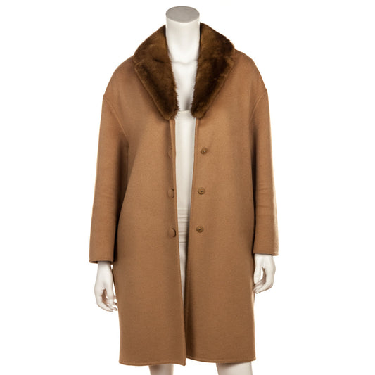 Prada Handbag Camel Wool Coat With Mink Collar