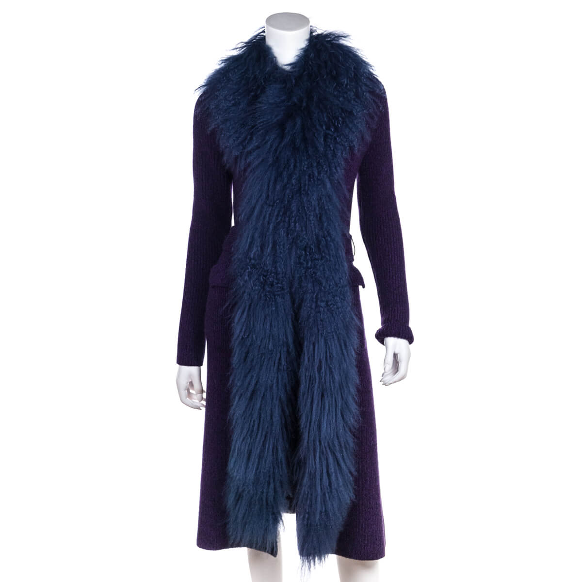 Prada Handbag Knit Mongolian Lamb Embellished Belted Cardigan Purple