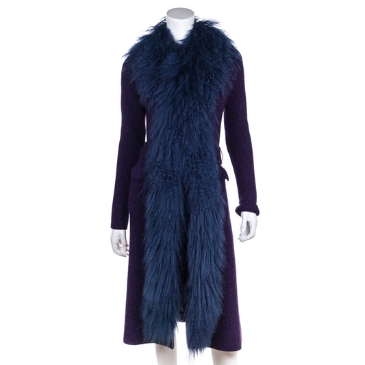 Prada Handbag Knit Mongolian Lamb Embellished Belted Cardigan Purple