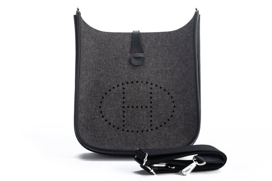 Hermes Bnib Grey Felt Evelyne Pm Handbag Black Travel Bag