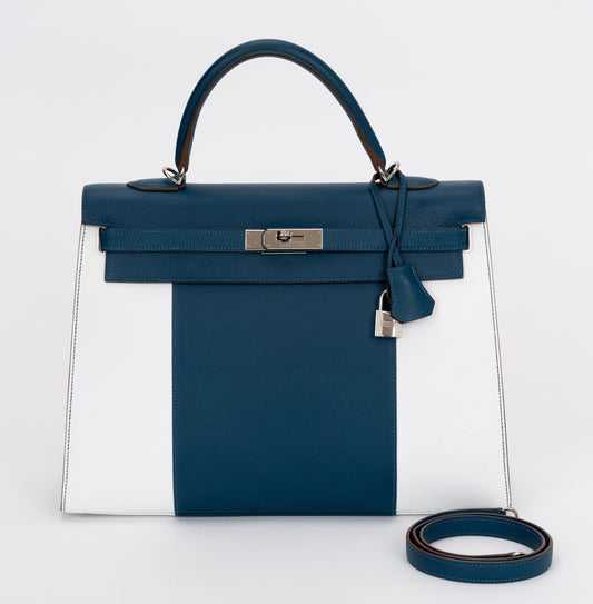 Hermes Kelly Sellier Flag Handbag White Blue Travel Bag