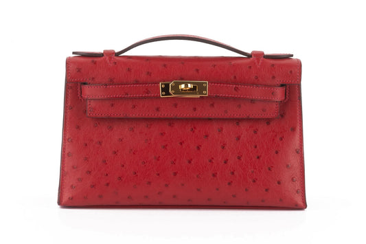 Hermes Ostrich Kelly Pochette Rouge Handbag Travel Bag