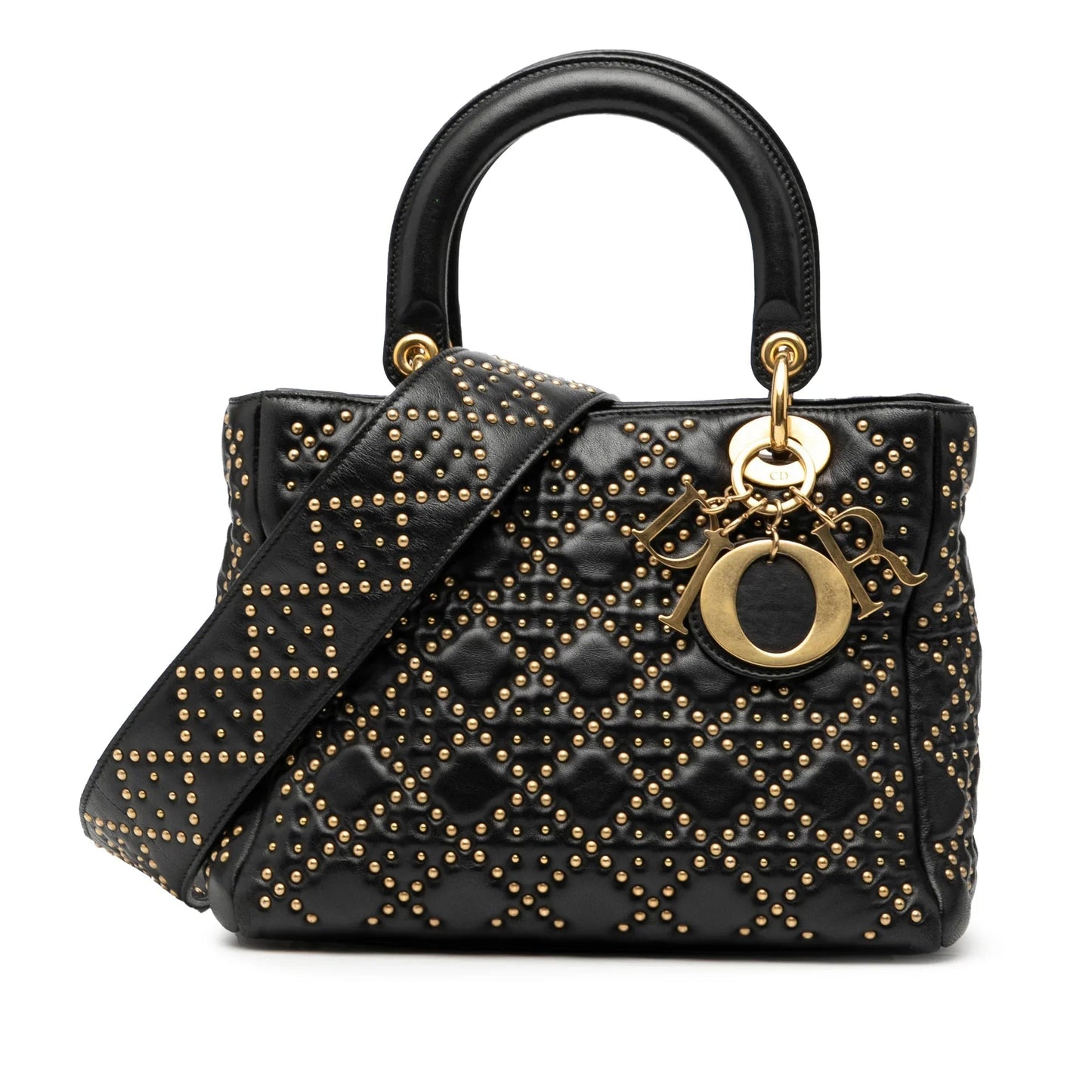 Dior Handbag Cannage Studded Supple Lady Satchel Lambskin Black Medium Satchel Bag