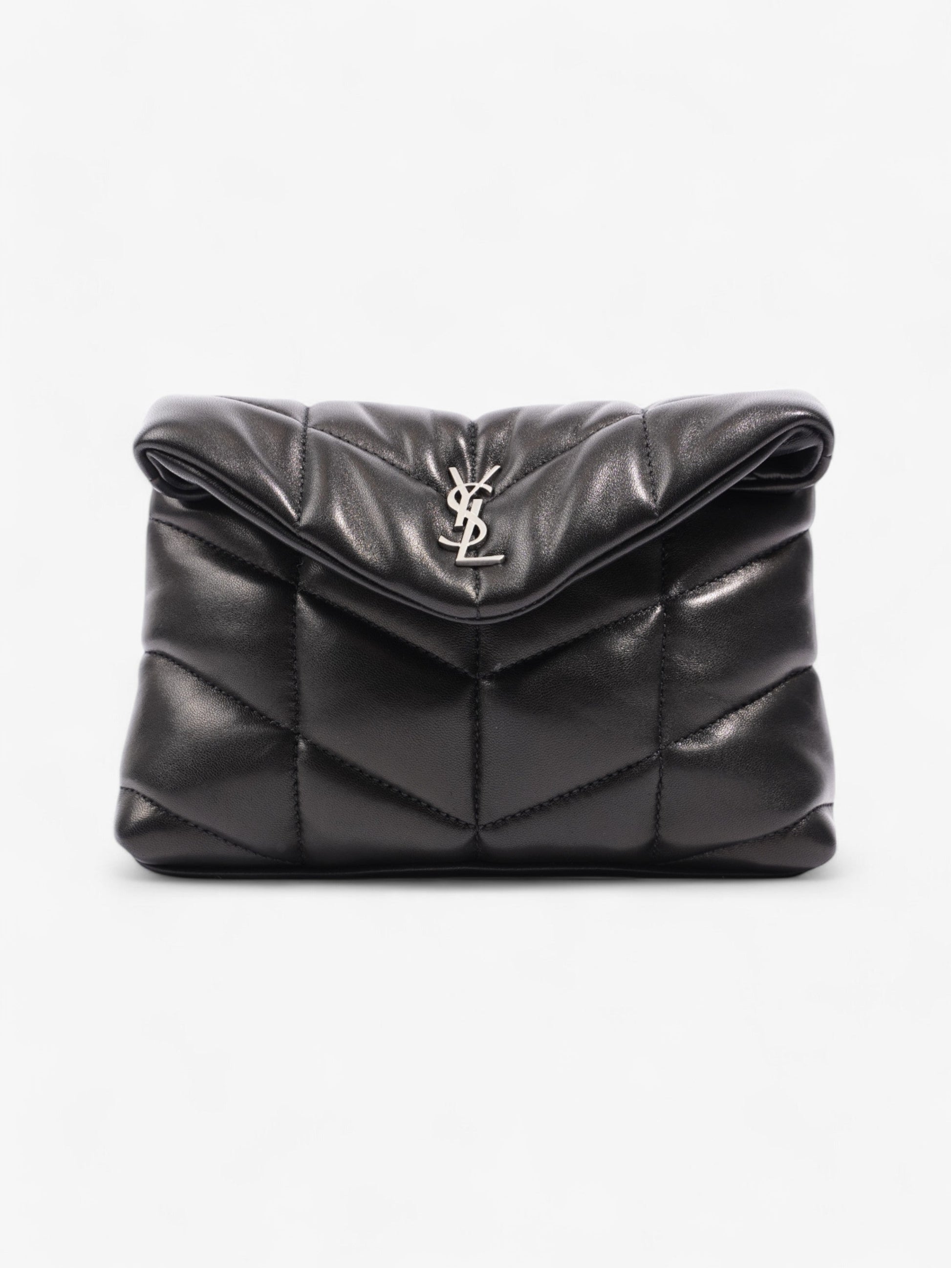 YSL Saint Laurent Puffy Pouch Calfskin Clutch Bag Leather Black