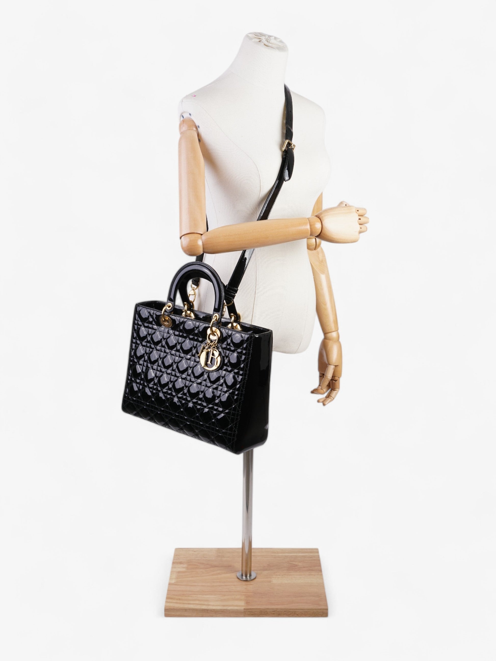 Dior Christian Lady Tote Bag Leather Patent Black