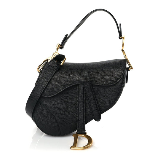 Dior Handbag Christian Grained Calfskin Saddle Bag With Strap Leather Black Mini Shoulder Bag