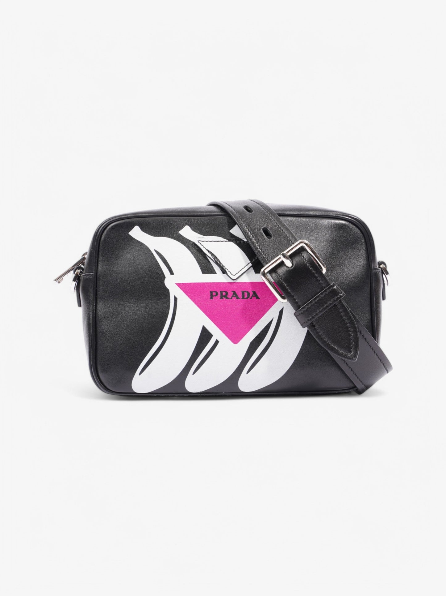 Prada Banana Triangle Camera Bag Leather Black White Crossbody Bag