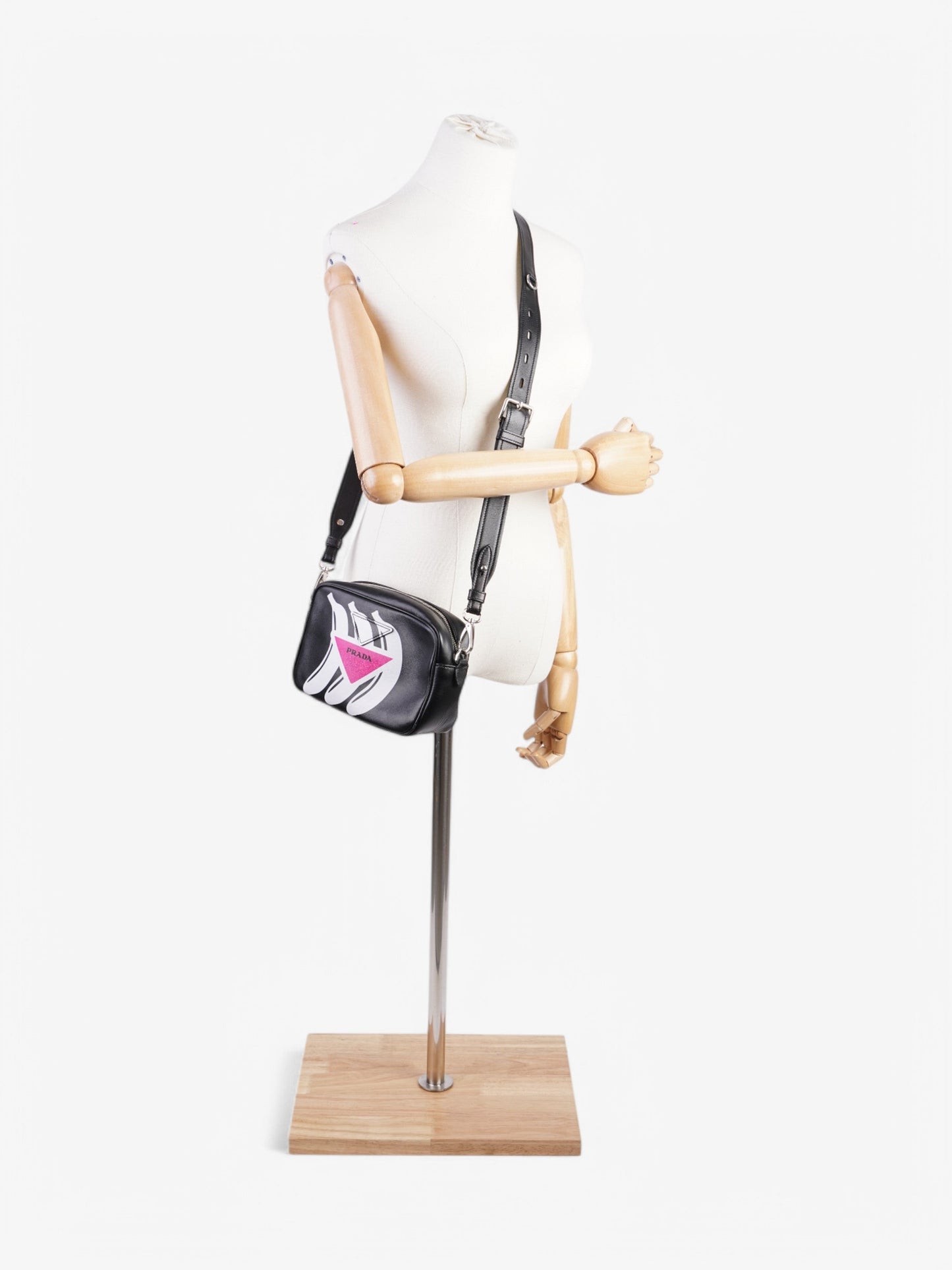 Prada Banana Triangle Camera Bag Leather Black White Crossbody Bag