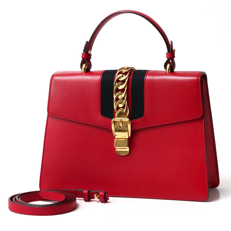 Gucci Genuine line SYLVIE Leather Red Gold Navy Handbag