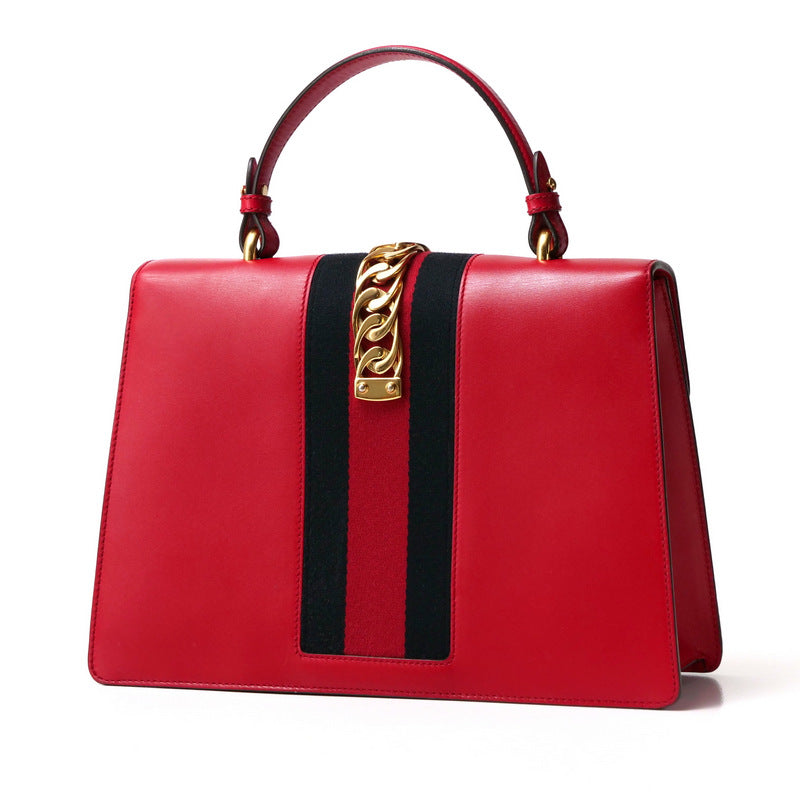 Gucci Genuine line SYLVIE Leather Red Gold Navy Handbag
