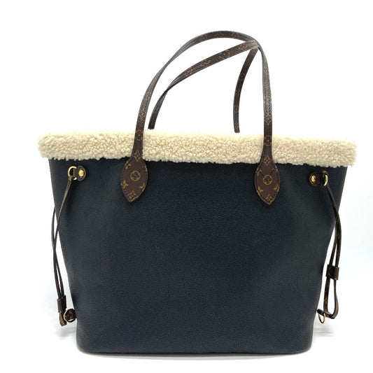 Louis Vuitton M56960 Shearling Flower Initials Neverfull Monogram Leather Calf Black Tote Bag