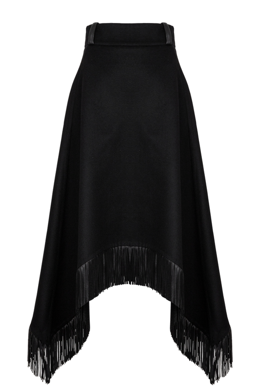 YSL Saint Laurent Fringed Midi Skirt Wool Leather Black Handbag