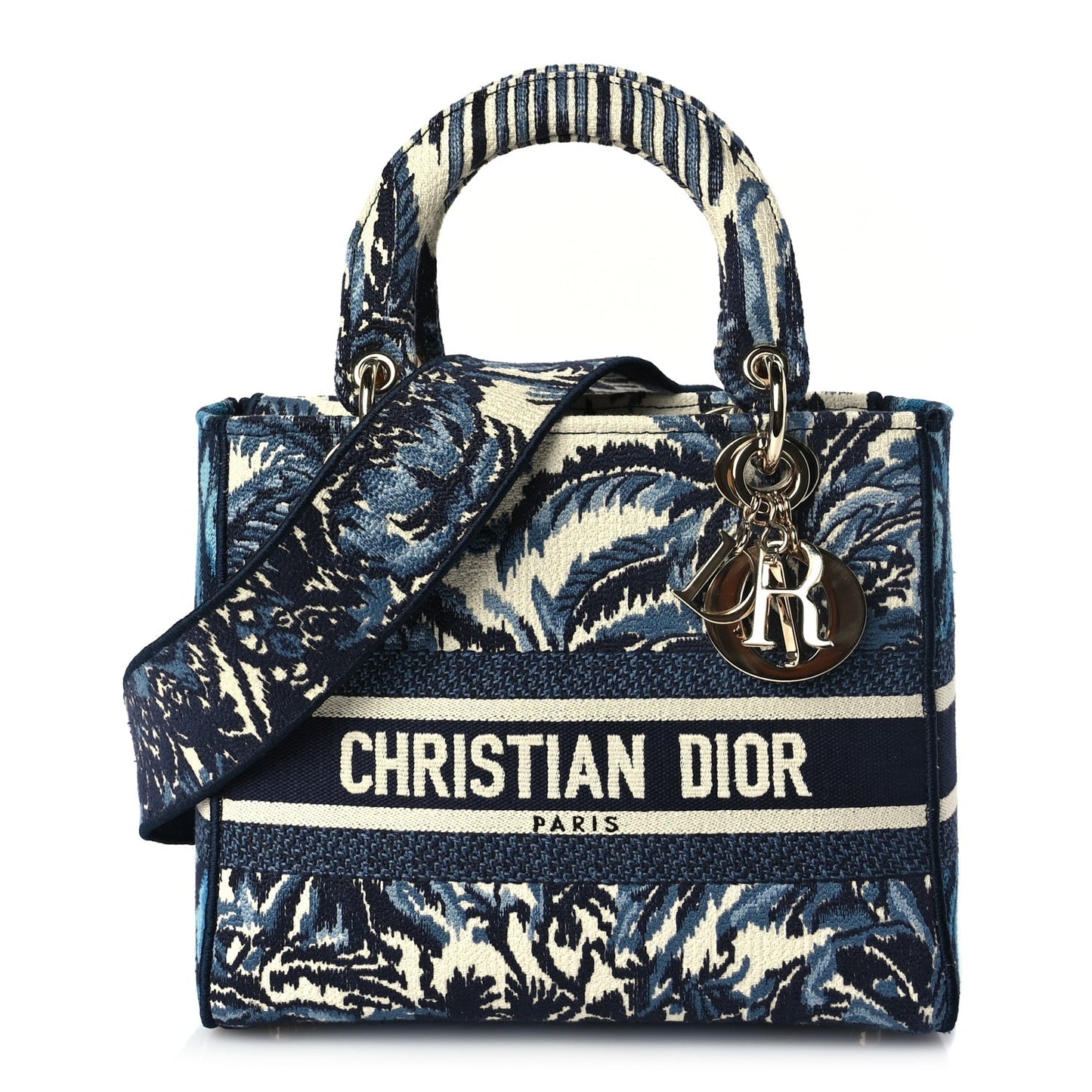 Dior Handbag Christian Palm Tree Toile De Jouy Lady Canvas Blue Medium Shoulder Bag